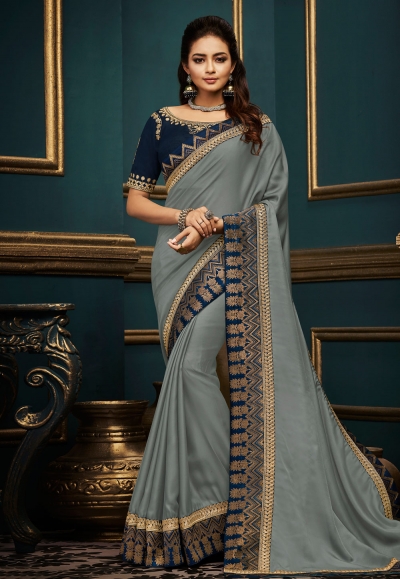Gray satin embroidered party wear saree  10613